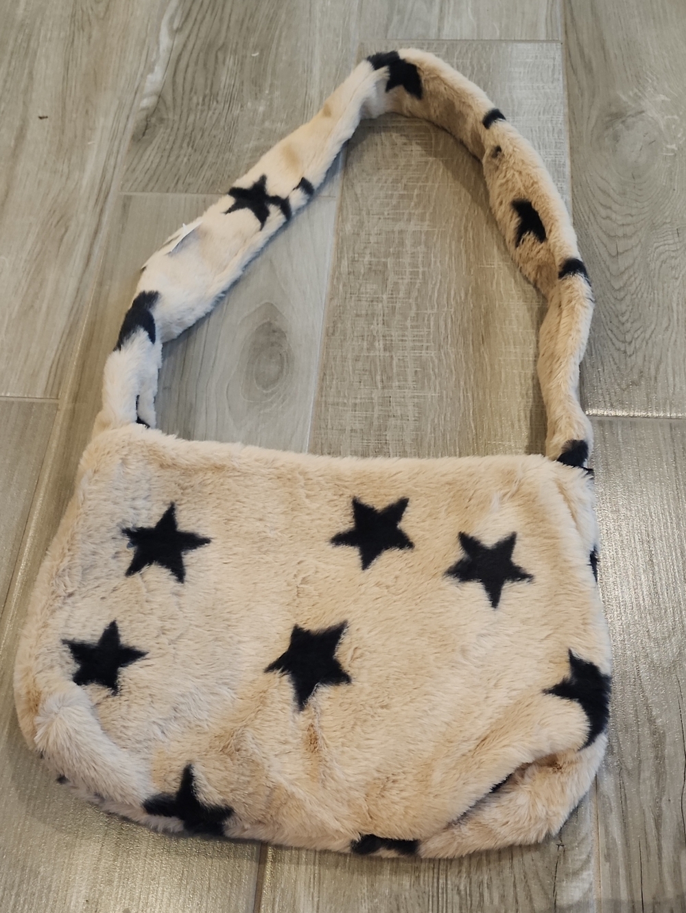 Faux Fur Star-Print Shoulder Bag in Beige and Black